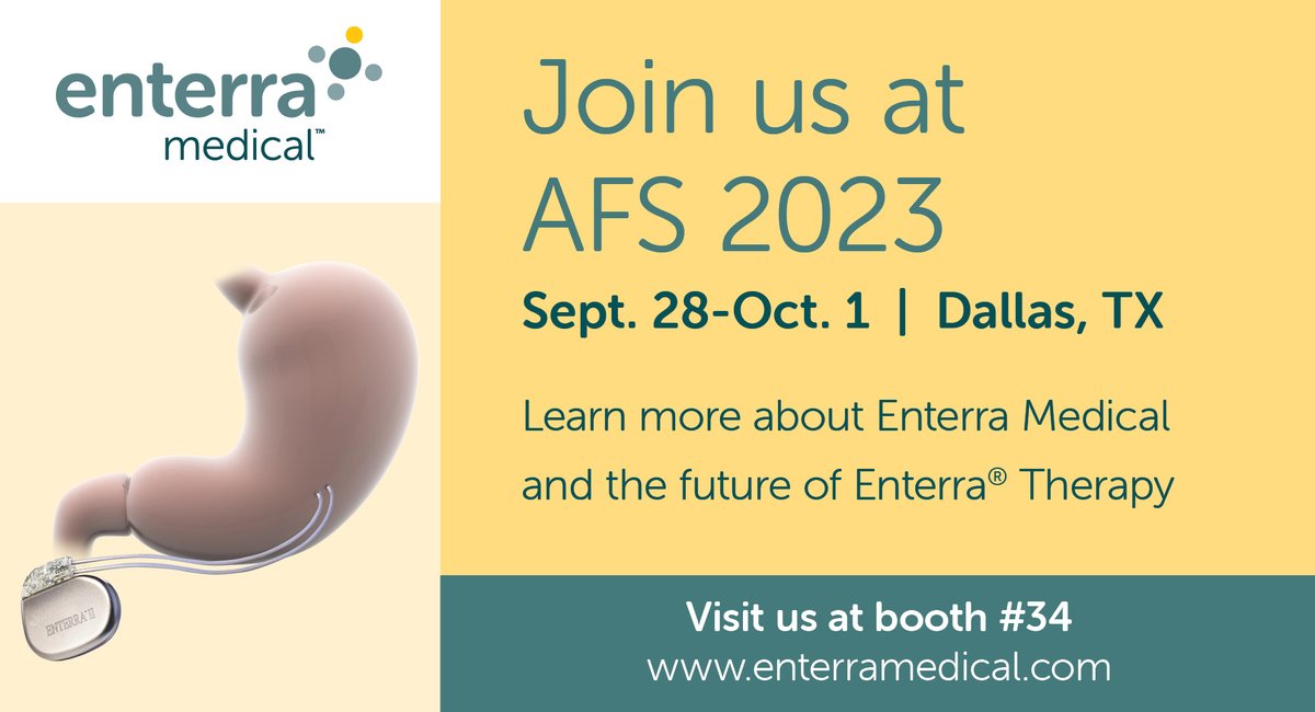 EnterraMedical's tweet photo. Find out what’s new with #EnterraTherapy at #AFS2023! Stop by booth #34 to learn more about Enterra Medical’s focus on future technology, clinical science, &amp; patient access to Enterra Therapy. @ForegutSociety @foregut_journal #BetterTogether 
Safety info: https://t.co/xPBlNFUWEu https://t.co/hUcG42u1wT
