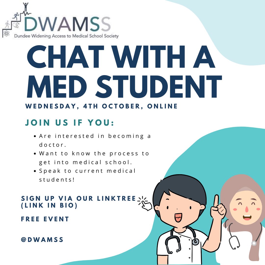 Are you interested in a career in medicine, but don't know where to start? Then this is the event for you! Join us on MS Teams on 4th Oct to chat to real medical students about how to apply for medical school/life as a medical student & link to sign up linktr.ee/dwamss
