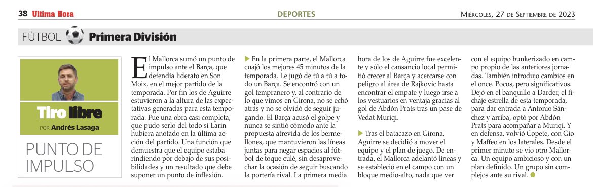 Andres Lasaga (@alasaga) on Twitter photo ‘Punto de impulso’, mi opinión en <a href="/UHmallorca/">Ultima Hora Mallorca</a> del empate del <a href="/RCD_Mallorca/">RCD Mallorca</a> en el #RCDMallorcaBarça. ‘Punto de impulso’, mi opinión en <a href="/UHmallorca/">Ultima Hora Mallorca</a> del empate del <a href="/RCD_Mallorca/">RCD Mallorca</a> en el #RCDMallorcaBarça.