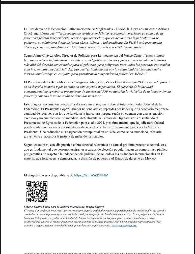 jufed_org's tweet photo. En grave riesgo la Independencia del Sistema Judicial Federal en México, concluye informe de expertos legales: Federación Latinoamericana de Magistrados FLAM; Cyrus R. Vance Center For International Justice, New York City Bar; y Barra Mexicana Colegio de Abogados BMA. 🇲🇽♾💯 https://t.co/CXSq3A9zjN