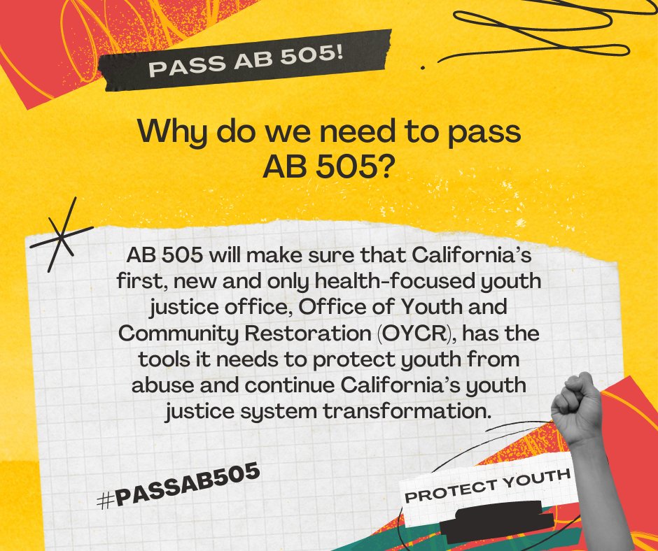 #AB505 strengthens California's commitment to health-based youth justice. It ensures mental health, social services, community members and others are involved in county planning. 

Let's protect our youth and their rights! 💪🏽 #AB505 #YouthRights <a href="/CAgovernor/">Governor Gavin Newsom</a> <a href="/GavinNewsom/">Gavin Newsom</a> #AB505