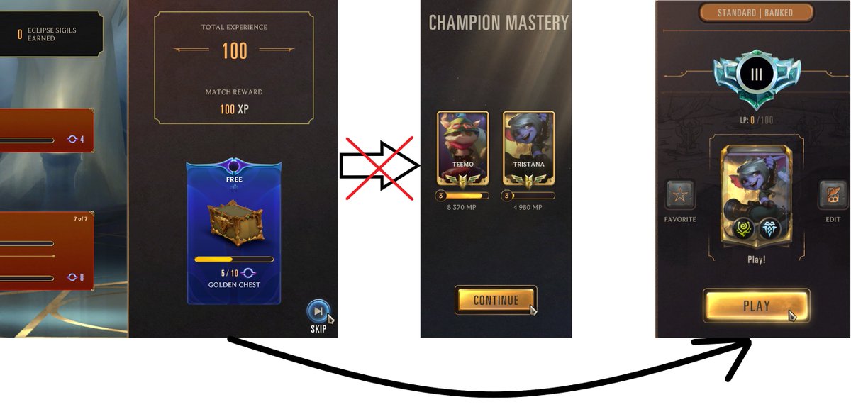 Hi <a href="/swetadoesdesign/">Sweta Mo</a>! Loving LoR UX, but have tiny suggestions for a smoother flow:

1. Carry on Pins and Titles for new decks
2. Order Pins by power
3. Post-game Skip button should also skip Mastery
4. Add Skip button for BP rewards

Can we expect some of that in the future?😊