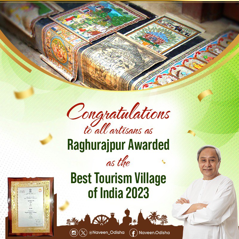 Naveen_Odisha's tweet photo. Delighted to know that #Raghurajpur has been recognised as the #BestTourismVillage at the Best Tourism Village Competition 2023 by the Ministry of Tourism. Famous for #Pattachitra, palm leaf engraving, wooden toys, and stone carving, the artisans of Raghurajpur are the pride of #Odisha for having preserved the ageless art and craft forms for centuries.