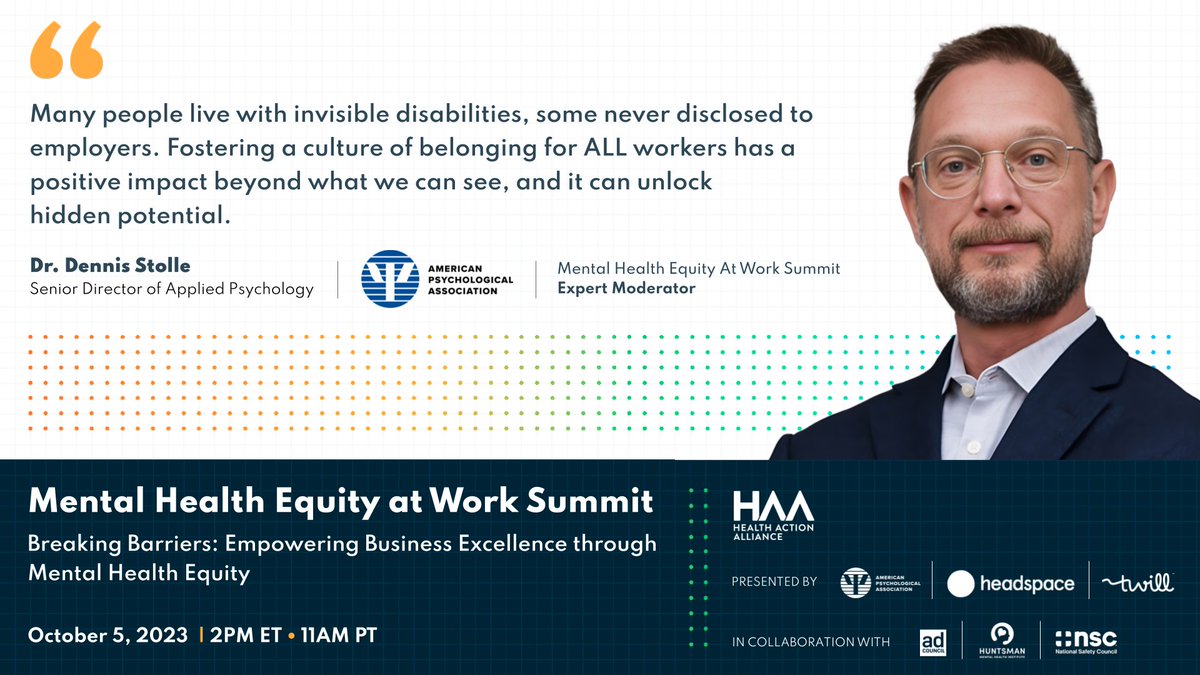 See @APA's Dr. Dennis Stolle at @healthaction's 2nd Annual Mental Health Equity at Work Summit to learn how diversity initiatives strengthen mental health in the workplace. RSVP: hlthact.org/MHEAWS-t