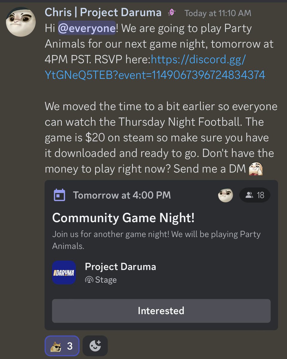 Have you joined our Discord yet? We’re having our next game night tomorrow! RSVP by following the link: discord.gg/projectdaruma