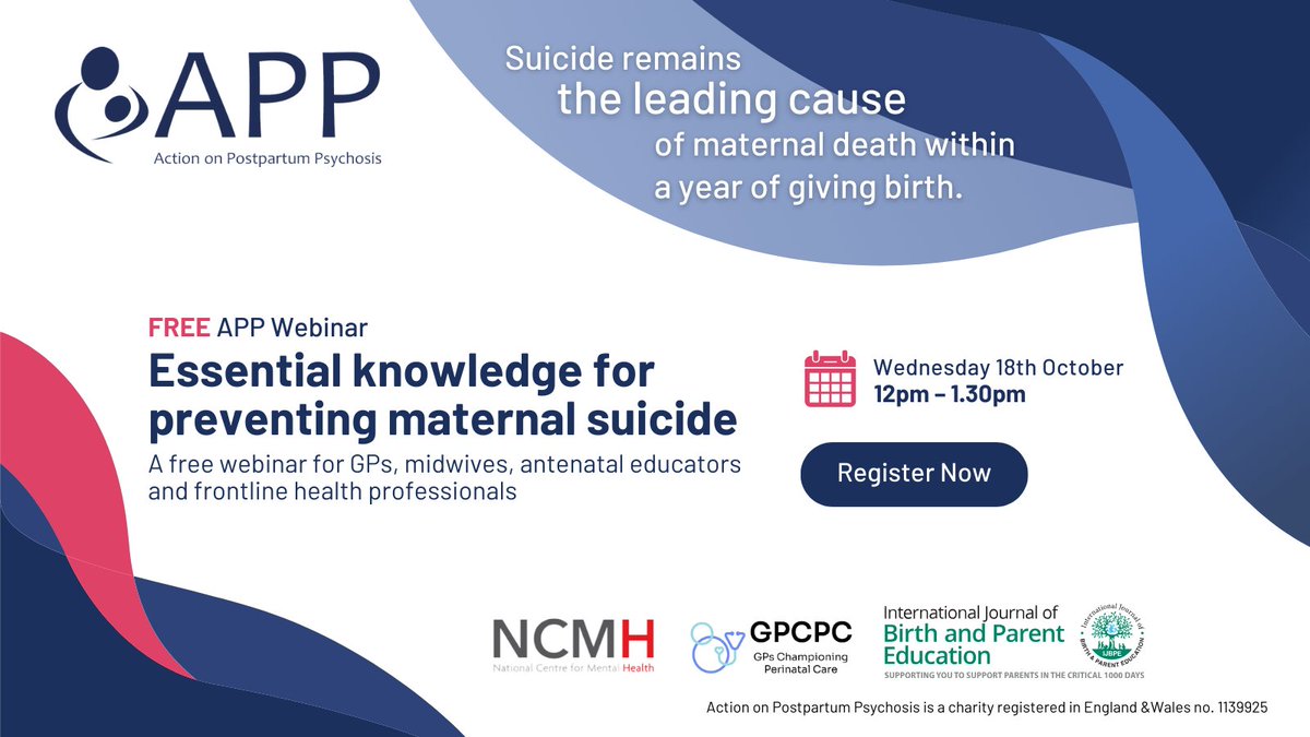 Free lunchtime training webinar: Essential knowledge for preventing maternal suicide. 📅 Wednesday 18th October / Zoom ⏰ 12 - 1.30pm 🎟 Free 🔗 Register now: bit.ly/APPEssentialKn… 💻 Can't make the webinar? Sign up and we’ll send you the recording @ncmh_wales @GP_CPC @IJBPE