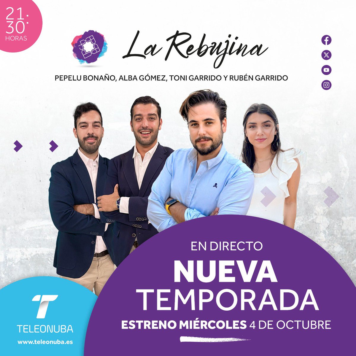LaRebujina's tweet photo. 🔔  ¡VUELVE LA REBUJINA!

Dentro de 7 días, ¡no te pierdas el regreso de @larebujina! Nuevos contenidos, nuevos compañeros… ¡Pero la misma pasión de siempre!

‼️Y recuerda, esta temporada cambiamos el día de emisión ‼️

➡️ Miércoles, 4 de octubre
⏰ 21:30 horas 
📺 @TeleonubaTV https://t.co/MPBoVIhwBY