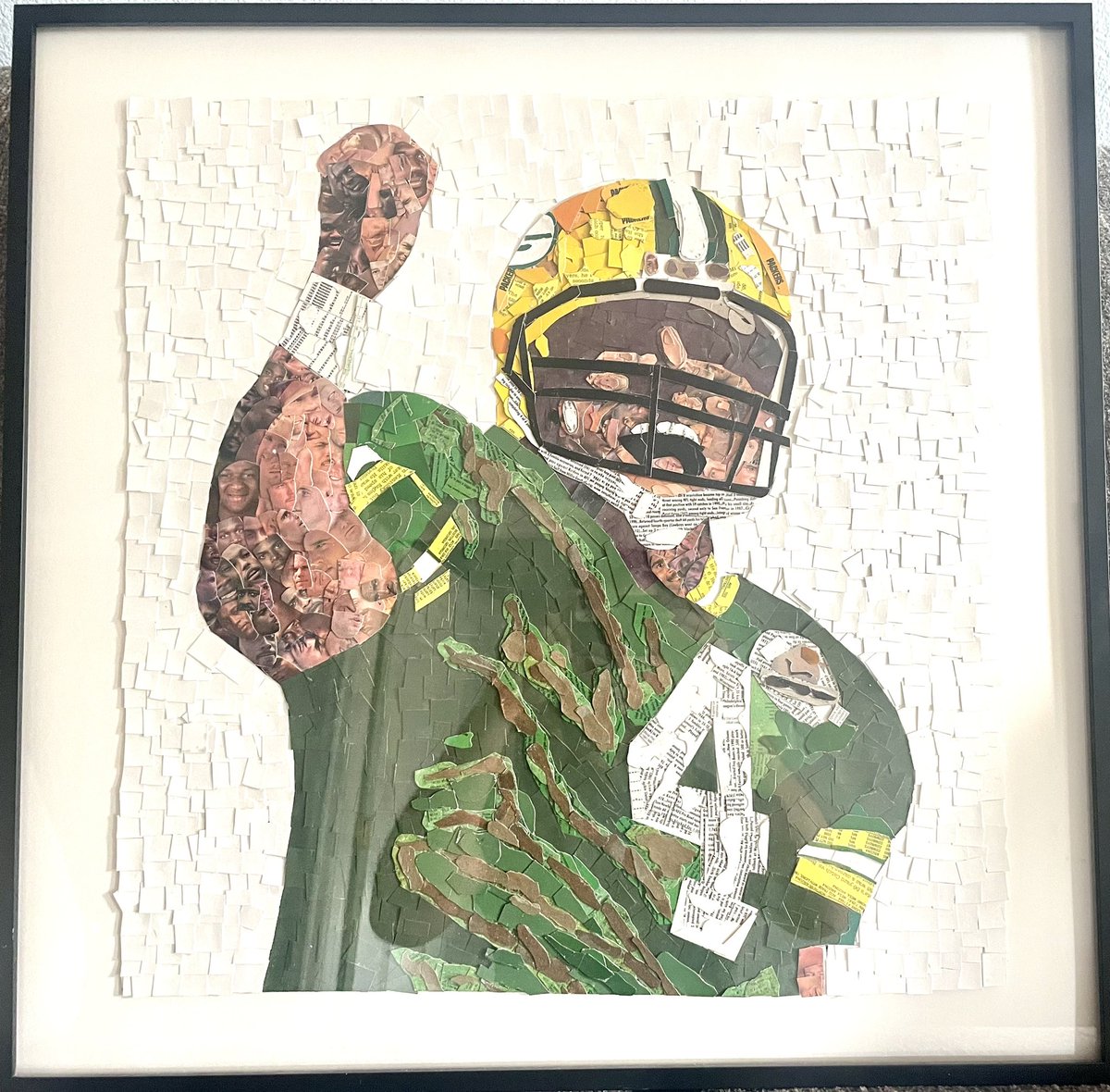 ryansmithart's tweet photo. Brett farve artwork for sale. Made entirely from football cards. Measures 18x18 and comes framed. Asking $800. https://t.co/ZrGNVE3SqC