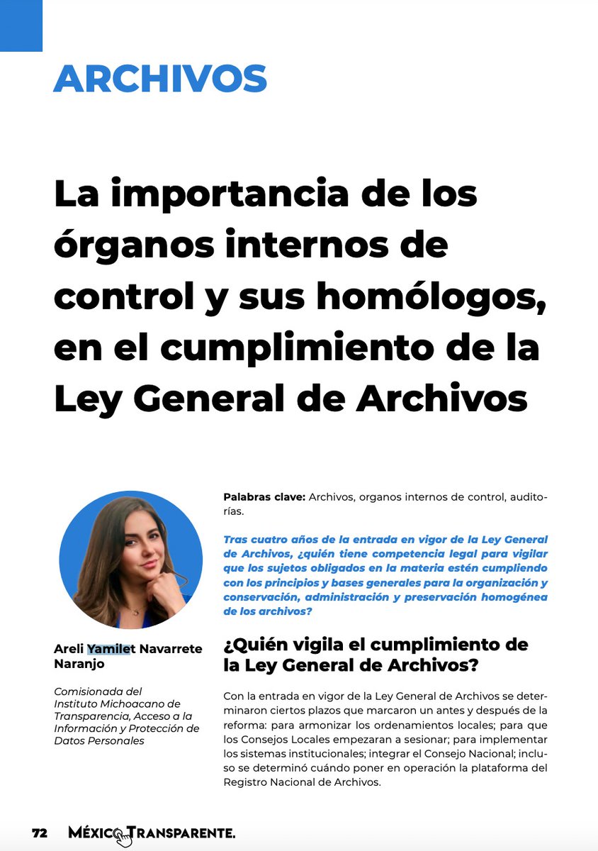 📖 No te pierdas el artículo "La importancia de los OICs y sus homólogos, en el cumplimiento de la Ley General de Archivos”, por la Comisionada @AreliNavarrette, en la 7a. edición de la Revista #MexicoTransparente.📑
Consúltalo aquí (pp. 72-76)👇
snt.org.mx/wp-content/upl…
