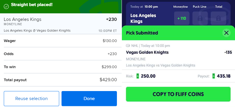 MDSportBet's tweet photo. 🚨🚨Guaranteed Free $50🚨🚨

Fanduel: LA Kings Moneyline. $130 wins $429
FLIFF: Vegas Golden Knights Moneyline. $250 wins $435

Total wagered: $380
Total payout: $429 or $435
Profit: $49 or $55

It doesn't get easier than this, folks.

#sportsbettingpicks #Arbitrage #NHLPicks https://t.co/eaeNbip3ta