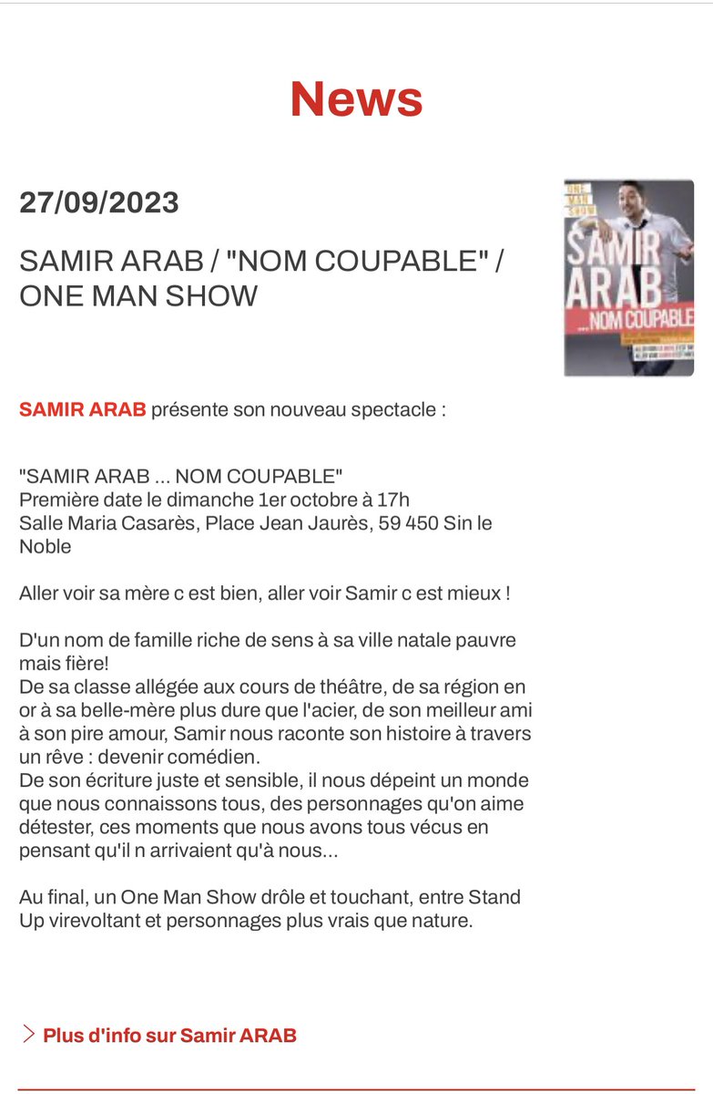 Alias_Talents's tweet photo. Samir Arab… Nom Coupable, nouveau One Man Show de Samir Arab.
#onemanshow #samirarab #nomcoupable #nouveauspectacle https://t.co/ed0yGBum9t