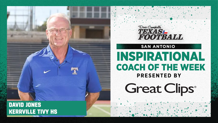 dctf's tweet photo. Congratulations to Kerrville Tivy's David Jones for being named our Week 5 San Antonio Inspirational Coach of the Week presented by @GreatClips!

https://t.co/KkR9jaJH3Z 

@TFNDFootball | @TIVYHS | #dctf #txhsfb https://t.co/D8FJjJQnjx