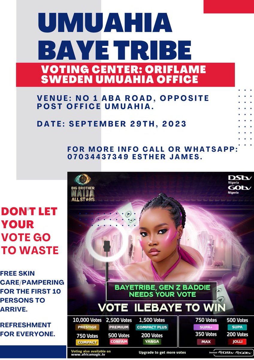 giftadene_'s tweet photo. Umiahia Baye Tribe, let’s gather on Friday at No. 1 Aba Rd, opposite Posted Office, Umiahia. The date is Friday 29th Sept.

There'll be free skin care &amp; pampering for the top 10 Baye voters that day. Come with many unlinked IUCs, devices, numbers.
#BBNaijaAllStars 
#BBNaija https://t.co/4qW5Ltr3fe