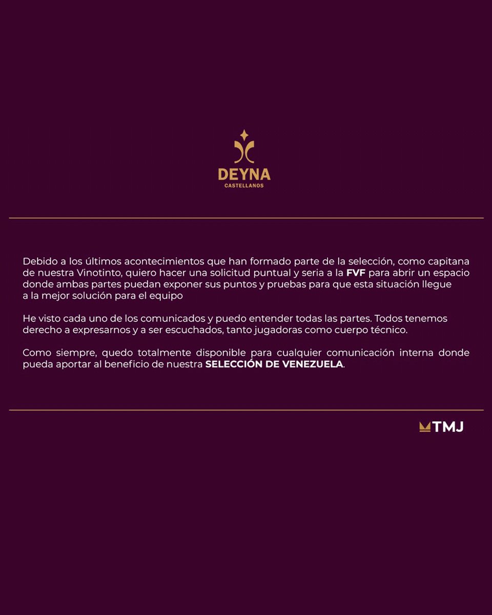 ¡COMUNICADO OFICIAL DE DEYNA CASTELLANOS!

📍 Esta tarde, a través de sus redes sociales, Deyna Castellanos se refirió a las palabras de sus compañeras de selección sobre el tema Conti.

🤔 ¿Tú qué opinas?

#TXIesVINOTINTO #TXIesFÚTBOL #PeriodismoDeportivo