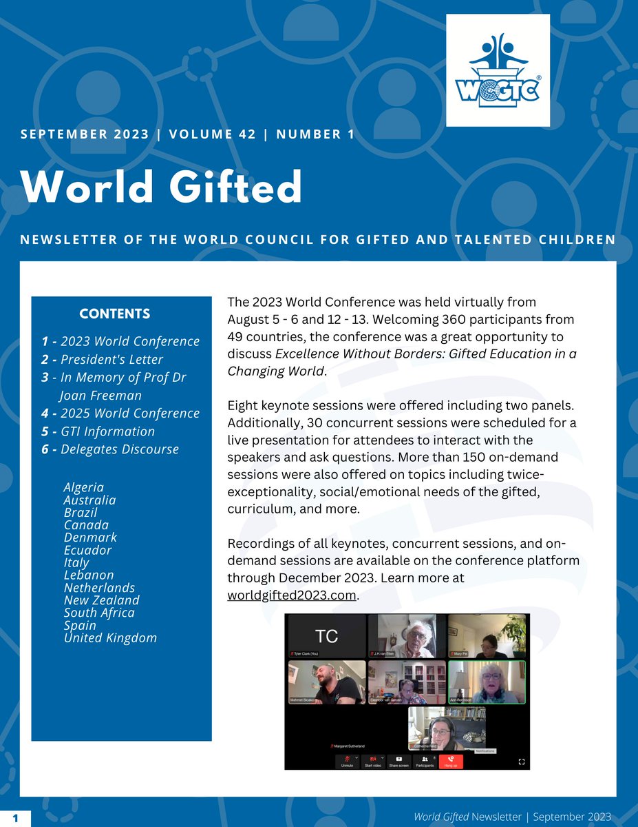 The latest issue of the World Gifted newsletter is now available. Check out reports from countries across the globe: world-gifted.org/World-Gifted-N… #gtchat #edchat #gifted #giftededucation #talentdevelopment #creativity
