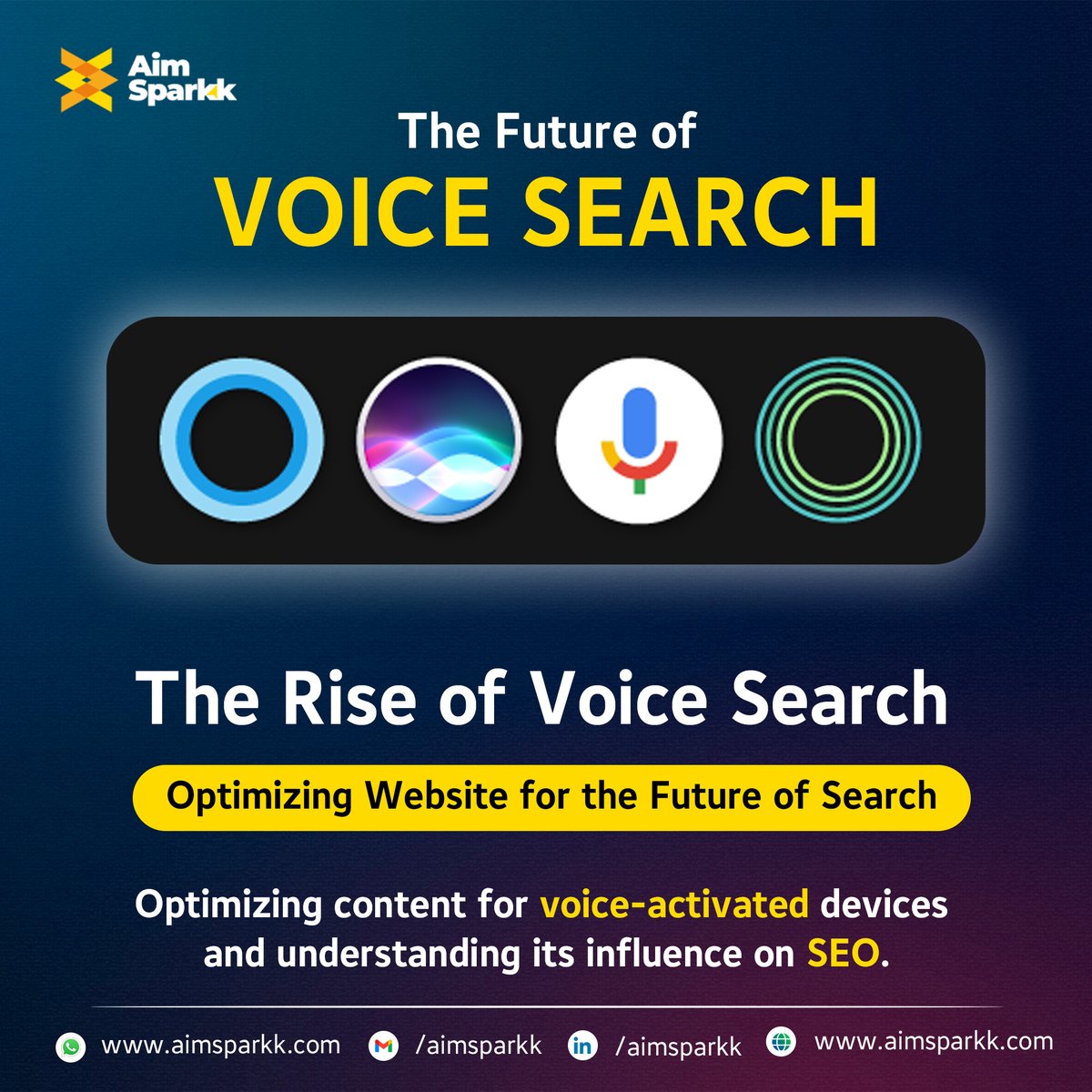 aimsparkk's tweet image. Discover the future of voice with AIM SPARKK! 🎙️ Explore how the rise of voice search is revolutionizing website optimization. Dive into the latest trends and make your content voice-search friendly! 🔍 #VoiceSearch #SEO #VoiceTech #DigitalMarketing aimsparkk.com