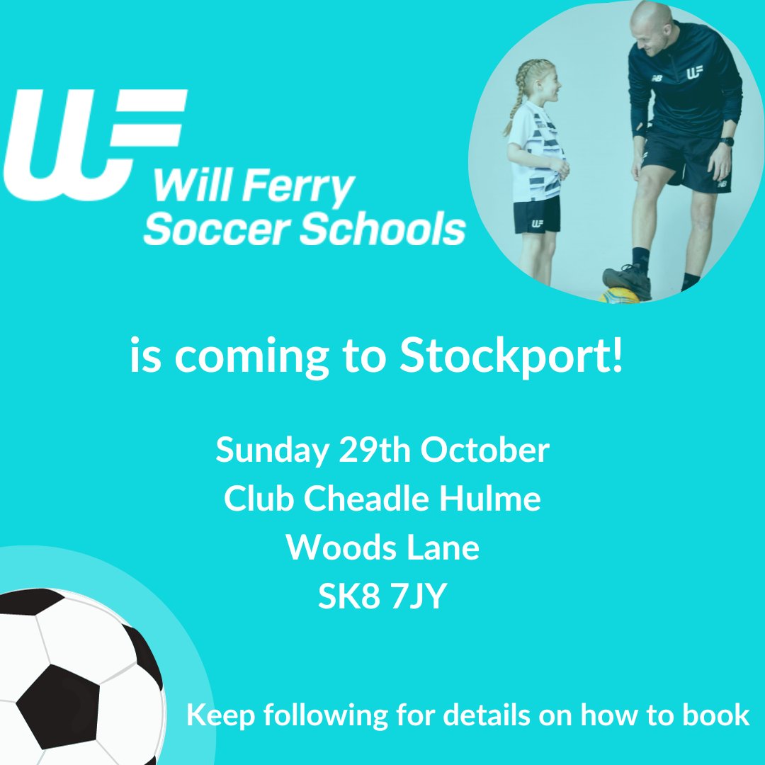 WFsoccerschool's tweet image. After the success of our Bolton and Rochdale schools, Will Ferry Soccer School is now coming to STOCKPORT!

Save the Date Post 📆

Launch Day - Sunday 29th October 12pm - 2pm
Club Cheadle Hulme
Woods Lane
SK8 7JY
#weputtheallinfootball #inclusivesport #soccerschool #stockport