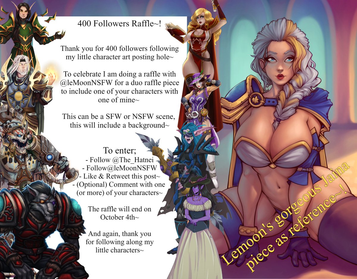 💜ART GIVEAWAY  Thank you for 400(*600)followers! Hitting that mark I've decided to do a duo raffle of one of your characters with my one of my own~ The artist is; x.com/leMoonNSFWTo enter; Follow myself Follow LeMoon Retweet this (Leave a comment) Ends October 4th~