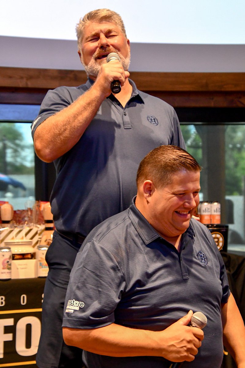 Ray Bourque and Todd Angilly share the stage — and a laugh — while helping to raise funds at the recent @bowlwithabruin charity event. @RayBourque77 @todd_angilly