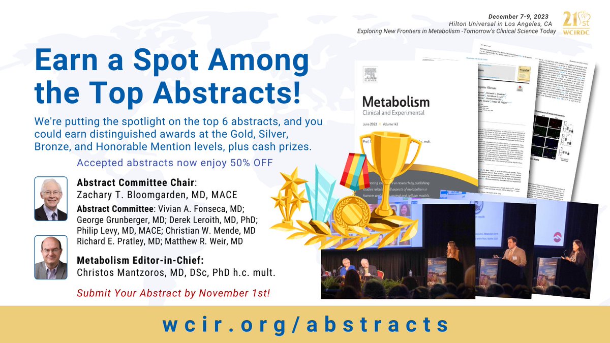 Don't miss the incredible opportunity to showcase your research at the 21st @WCIRDC and feature in the #MetabolismJournal! The deadline is approaching, with only one month to submit your abstract. Learn more at wcir.org/abstracts @zbloomgarden @CSMantzoros @Els_ENDO #CME