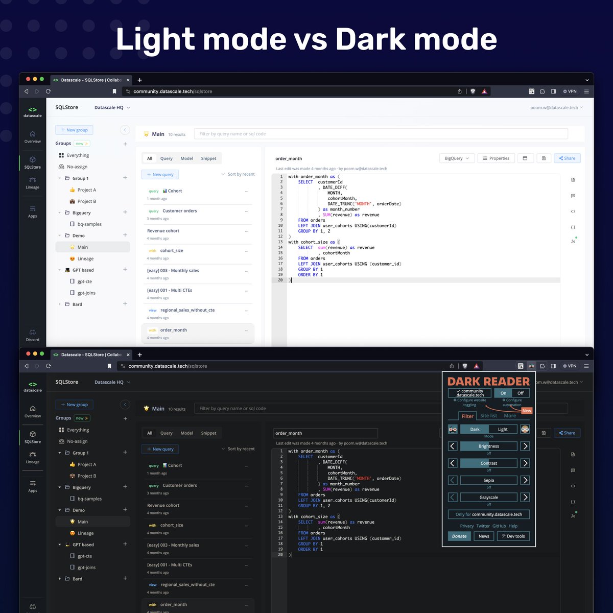 poomwett's tweet image. Can&apos;t decide whether datascale.tech should be light mode or dark mode.

So I&apos;m currently experimenting with #darkreader to see the results before really implementing it. 

What do you guys think?

#buildinpublic