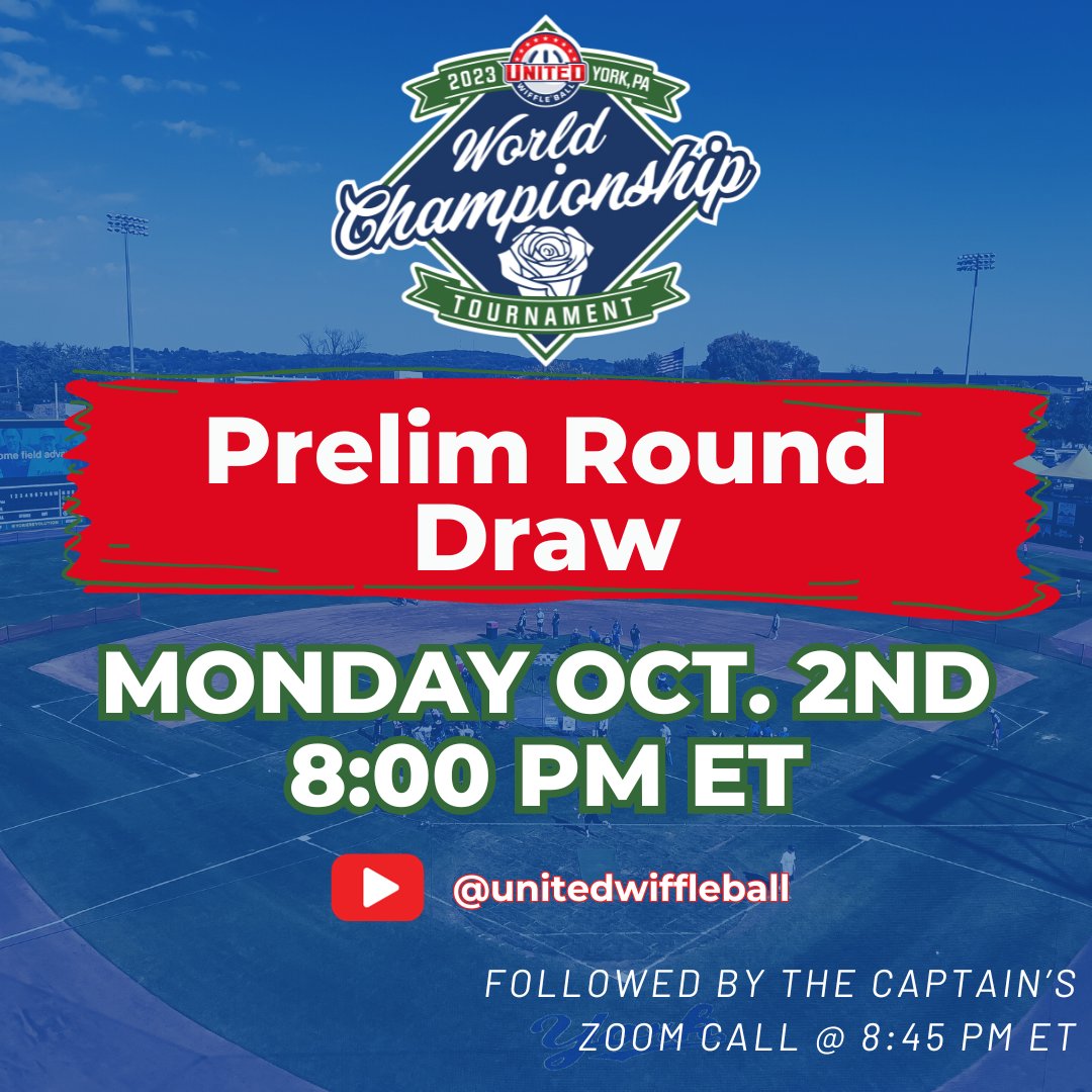 Mark your calendars - the draw for the Contenders Bracket prelim rounds for the 2023 WCT will take place Monday at 8:00 PM ET live on the United Wiffleball YouTube channel!

The captain's Zoom call with follow at 8:45 PM ET. Login information will be sent to all team captains.