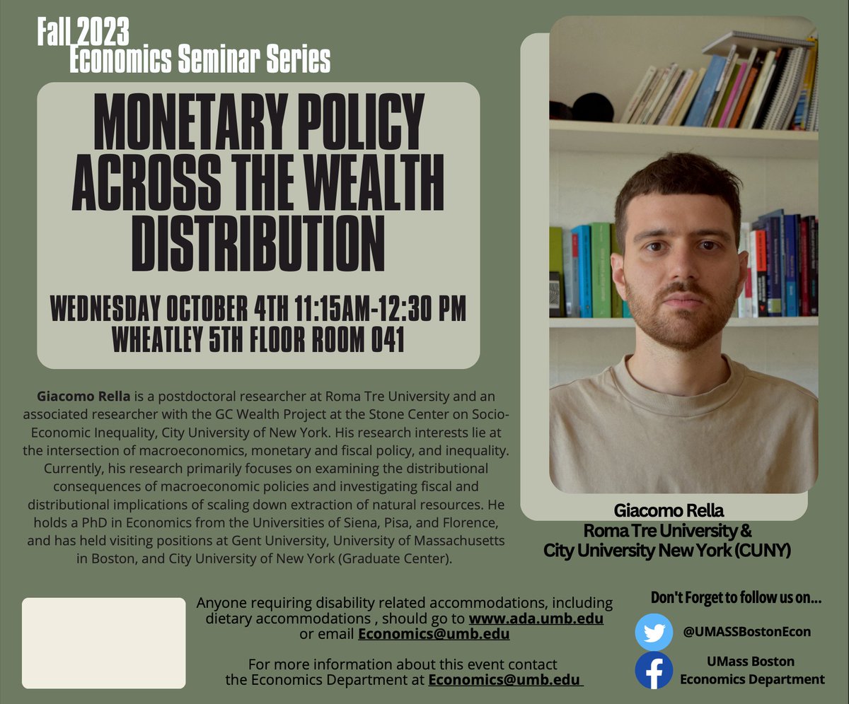 Our first department seminar of the semester is next week, Oct. 4 at 11:15am with @giacomo_rella (Roma Tre & CUNY)! Giacomo will be presenting 'Monetary Policy Across the Wealth Distribution'. See our event flyer for details.