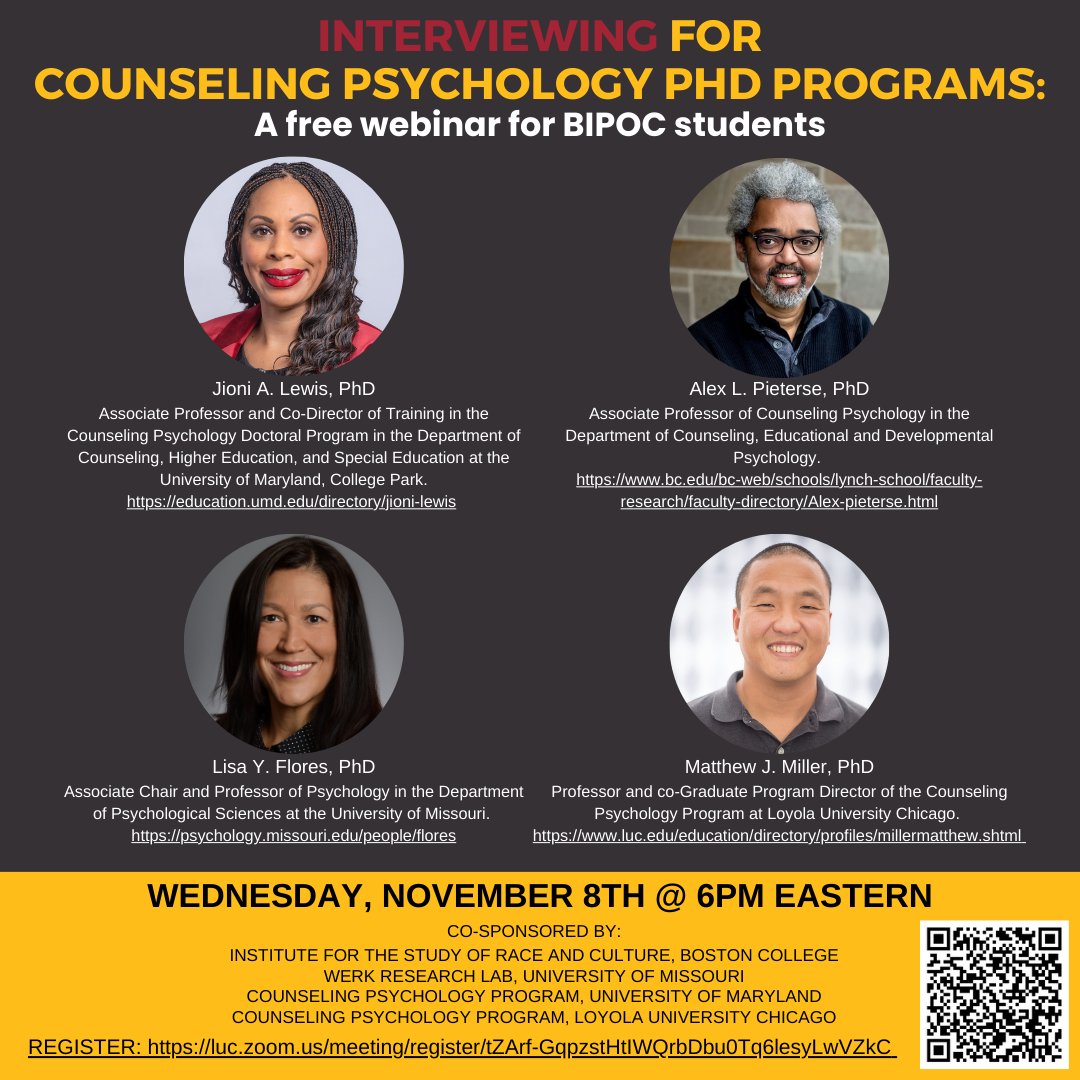 This is a follow up to our first webinar which focused on applying to doctoral programs in Co Psych. Please share widely with students of color who are applying to counseling psych programs this year or next.