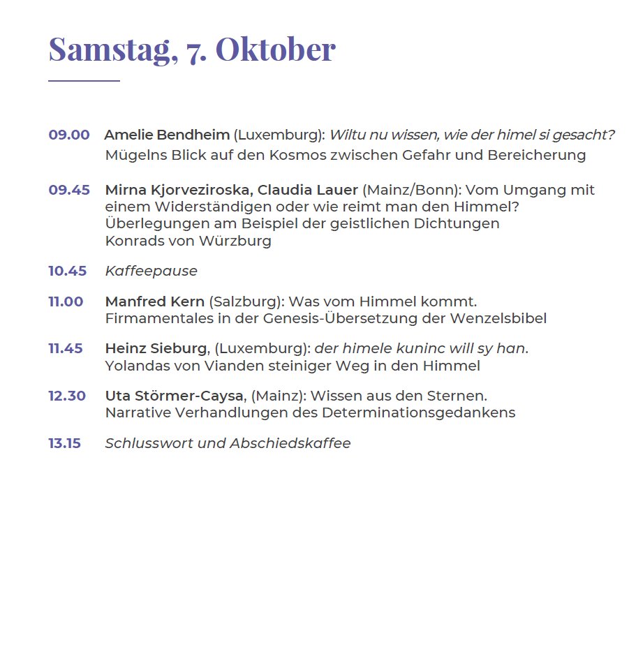▶️TAGUNG "Dichten über den  H i m m e l: Astronomische Bilder, mythische Gleichungen, Religiöses" <a href="/UniluxBV/">Unilux</a>; danke für die Einladung an <a href="/AmelBend_/">AmelBend</a> /Uta Stömer-Caysa und Heinz Sieburg! Ich freu mich über die Sterne sprechen zu dürfen 🤩💫✨🌠#medievaltwitter #AcademicChatter
