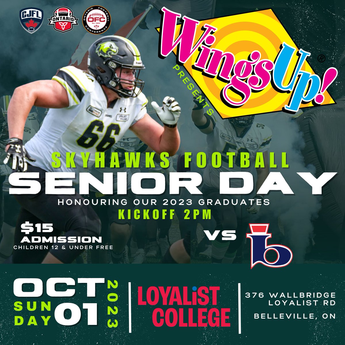 Join us this coming Sunday October 1st at <a href="/LoyalistCollege/">Loyalist College</a> , kick off 2pm, for our last home game of the 2023 season against 2nd place <a href="/BeefeatersFtbl/">London Beefeaters</a>.  We will be honouring our class of 2023 before kickoff as part of our WingsUp! Restaurants Senior Day.  Go Skyhawks!