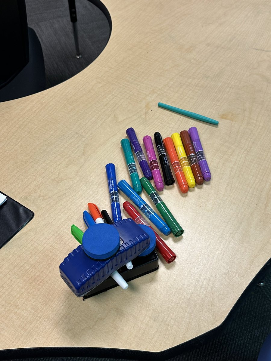 MissTeacherMe's tweet photo. One of my first graders took out all my dry erase markers and erasers, organized then like this, and then informed me they are his “trophies” and I’m not allowed to move them… fingers crossed he forgets about it tomorrow! (They never forget… 😅)
#teacher #teacherproblems #kids https://t.co/FTeLTkKRb2