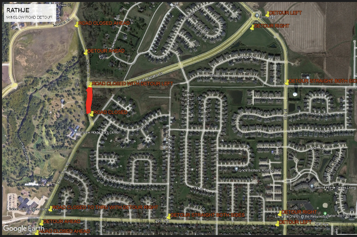 MarionIaPolice's tweet photo. Beginning Monday, October 2nd, Winslow Road will be closed between Tower Terrace Road and Indian Creek Road.  There is a detour for this closure and it is shown below.  

The closure should last for one week and will allow for Winslow Road street improvements. https://t.co/PvWBQ8gpus
