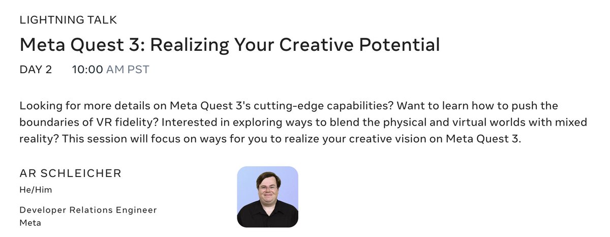 Want to get the most of out Quest 3 perf &amp; graphics?  Definitely watch AR Schleicher's session tomorrow Thurs, 9/28 @ 10am.
