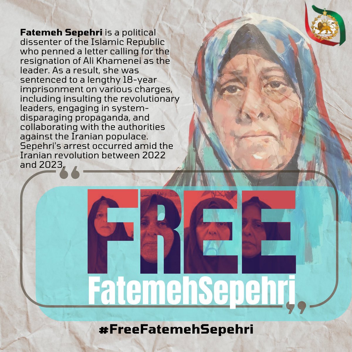 #FatemehSepehri, a courageous Iranian political prisoner, has been urgently transferred to Ghaem Hospital due to a severe heart condition while in prison. Her life is in imminent danger, and she must be released immediately and unconditionally.
#FreeFatemehSepehri