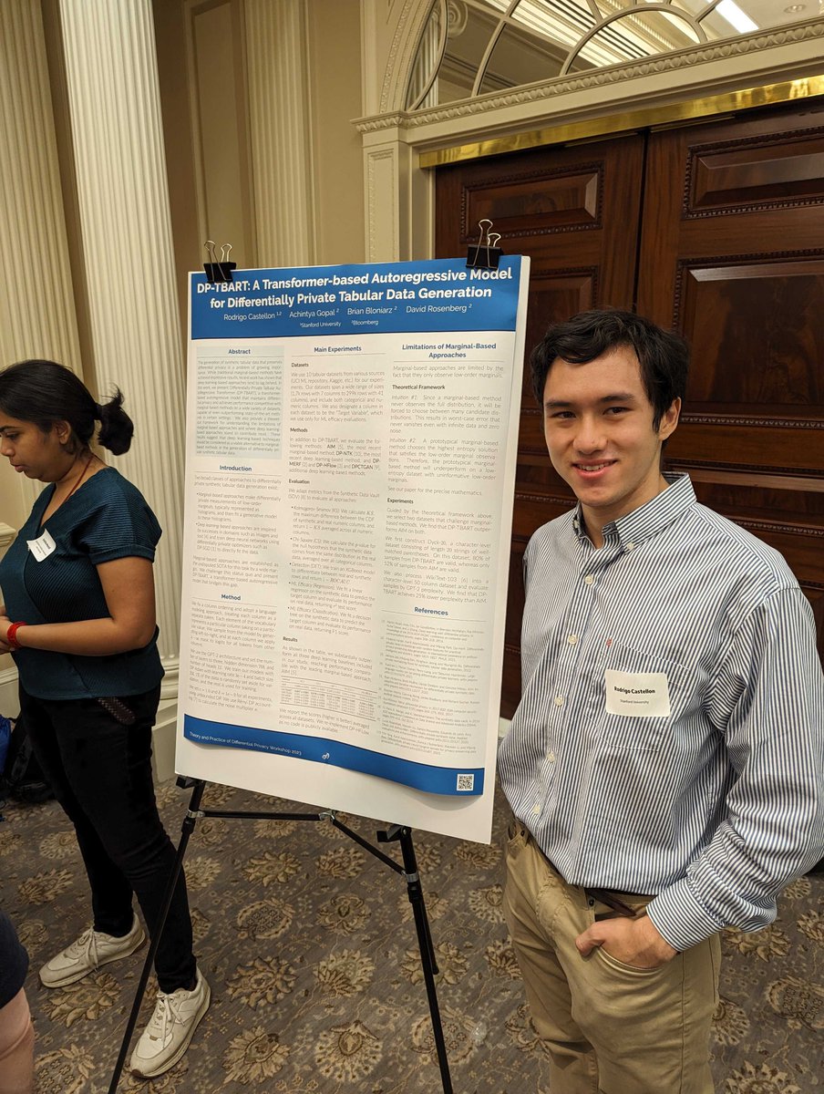 At #TPDP2023, Rodrigo Castellon presented "DP-TBART: A Transformer-based Autoregressive Model for Differentially Private Tabular Data Generation," a paper written w/ our #ML Strategy team's Achintya Gopal, Brian Bloniarz &amp; <a href="/drosen/">David Rosenberg</a>
bloom.bg/3PXKdSM
#DifferentialPrivacy
