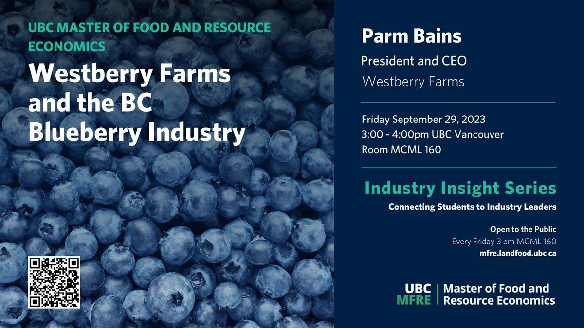 ubcLFS's tweet photo. On Sept. 29, hear from industry leader Parmjit Bains who co-founded Westberry Farms in 1997 and grew the enterprise into a leading blueberry operation, widely recognized for its exceptional products &amp; sustainable practices. #agrifood @mfreUBC

Learn more: https://t.co/u8ZxB2OeCb https://t.co/JKXHDAGW2F