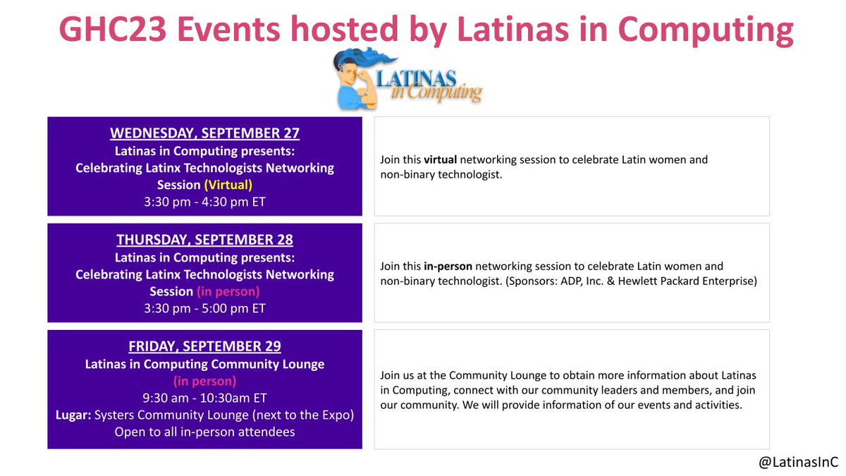 Grace Hopper Celebration 2023 has officially kicked off! We are thrilled to be part of #GHC23 by hosting the "Celebrating Latinx Technologists Networking Sessions" both Virtual and In-person. Can't wait to connect with fellow Latinas attending the conference this week! #LiCGHC23