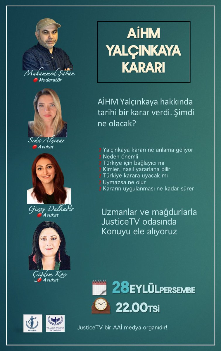 ▫️AIHM/Yalçınkaya Kararı Ne Anlama Geliyor?

▫️Kararın Önemi Nedir? 

▫️Türkiye Açısından Bağlayıcılığı ve Yaptırımları Nelerdir?

▫️Mağdurlara Bakan Yönü İle Ne Tür Değişikliklere Sebep Olabilir?

28 Eylül
22.00 TSİ
JusticeTV Odasında Uzmanlarla Konuyu Ele Alıyoruz!