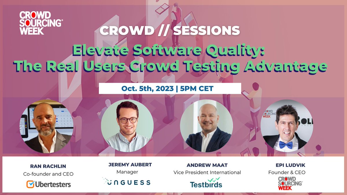 CrowdWeek's tweet photo. How can you Elevate Software Quality? 🌐💡🧑‍💻 

Discover how diverse minds come together to ensure flawless software performance and understand the art of crowd testing. 

📅 Date: Oct. 5th 
⏰ Time: 5pm CET 
📍 Online: https://t.co/67mb0udGUe 

#crowdsourcing #software #test #SaaS #UIUX #UI #UX