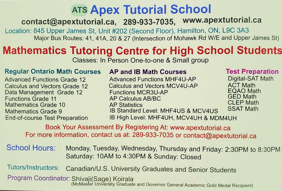 tutorial_apex's tweet image. Apex Tutorial School is run by experienced graduates and Scholars of McMaster University. We can teach/tutor in-person and virtual all mathematics courses including AP & IB stream to the level of good private schools in US/Canada. We offer quality education at a low cost.