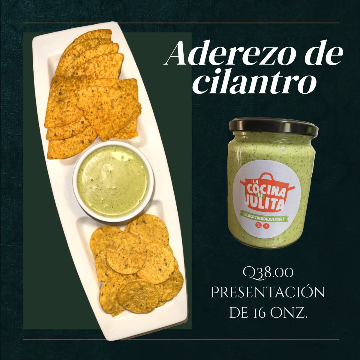 Nuestro aderezo de cilantro es la elección perfecta para deleitar tu paladar. Su versatilidad te permite disfrutarlo en ensaladas, como dip para nachos, en horneados y muchas otras deliciosas combinaciones.

Pídelo al WhatsApp 5955-2840