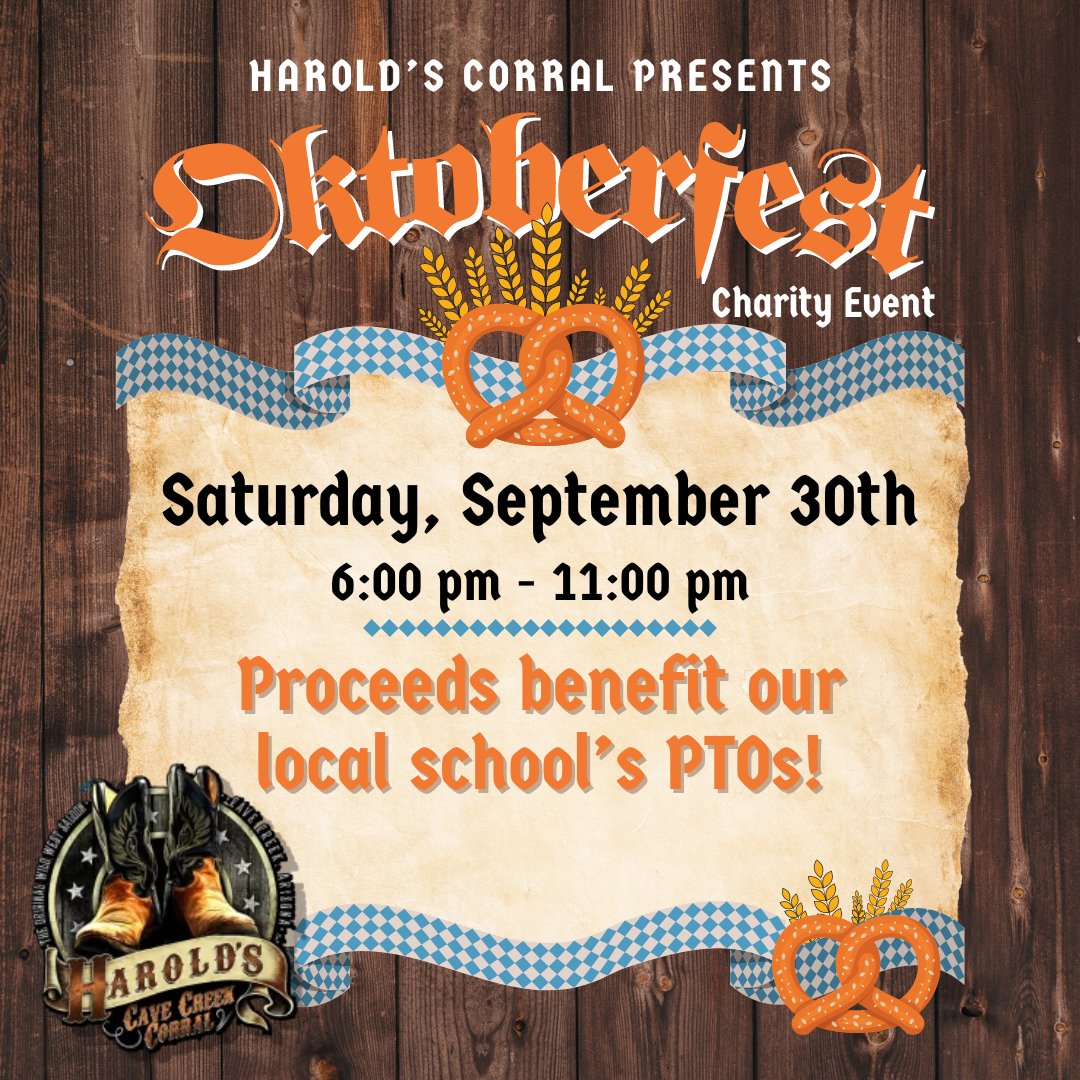 This Saturday! It's Harold's annual Oktoberfest event benefiting our PTOs! September 30th from 6-11pm. Purchase your tickets &amp; get more info from your school's PTO. Thank you Harold's Corral for hosting this fun, adults only event supporting our PTOs!