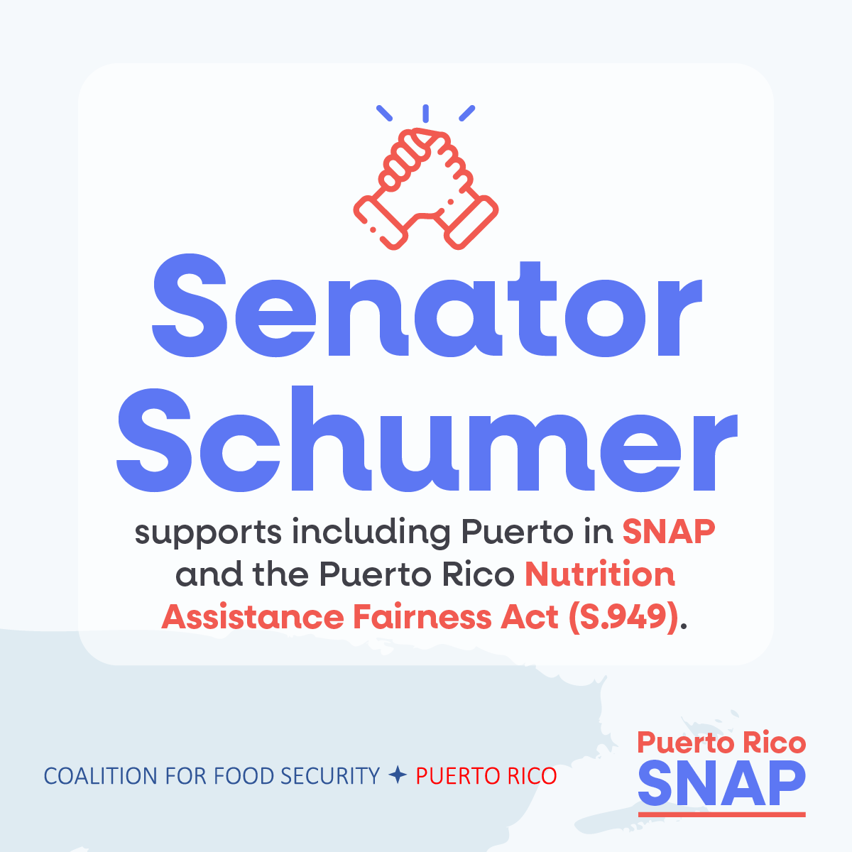 PuertoRicoSNAP's tweet photo. Senator Schumer supports including the #PuertoRicoNutritionAssistanceFairnessAct (S. 949) in #FarmBill2023. It's time to include citizens of Puerto Rico in the Supplemental Nutrition Assistance Program that benefits all other Americans.

Take action! ➡️ https://t.co/OJGdzaPEmb https://t.co/oLbY8R20MC