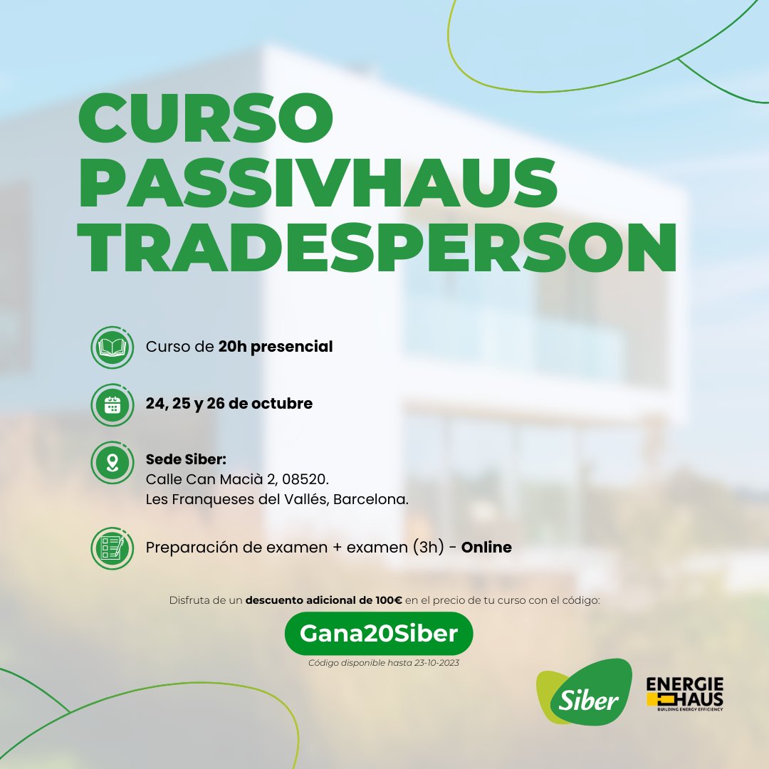 #SiberAcademy #NewsBySiber
CURSO 𝗣𝗮𝘀𝘀𝗶𝘃𝗵𝗮𝘂𝘀 𝗧𝗿𝗮𝗱𝗲𝘀𝗽𝗲𝗿𝘀𝗼𝗻 💚

¡Consigue 𝟭𝟬𝟬 𝗲𝘂𝗿𝗼𝘀 𝗱𝗲 𝗱𝗲𝘀𝗰𝘂𝗲𝗻𝘁𝗼 adicional en el precio del curso con el código 𝗚𝗮𝗻𝗮𝟮𝟬𝗦𝗶𝗯𝗲𝗿! 😍
energiehaus.es/producto/curso…
#SiberVentilacion #cursopassivhaus #passivhaus