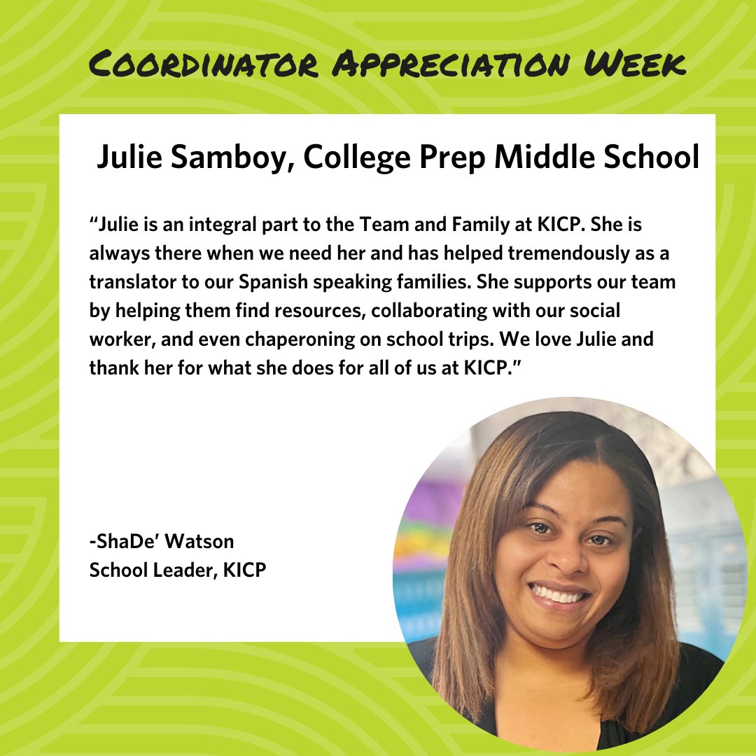 As we continue Coordinator Appreciation Week, we are sending ✨shine✨ to Ms. Samboy at KICP. She goes above and beyond for all of our families, and we are so grateful for all she does across the region. #onekipp #kippindy
