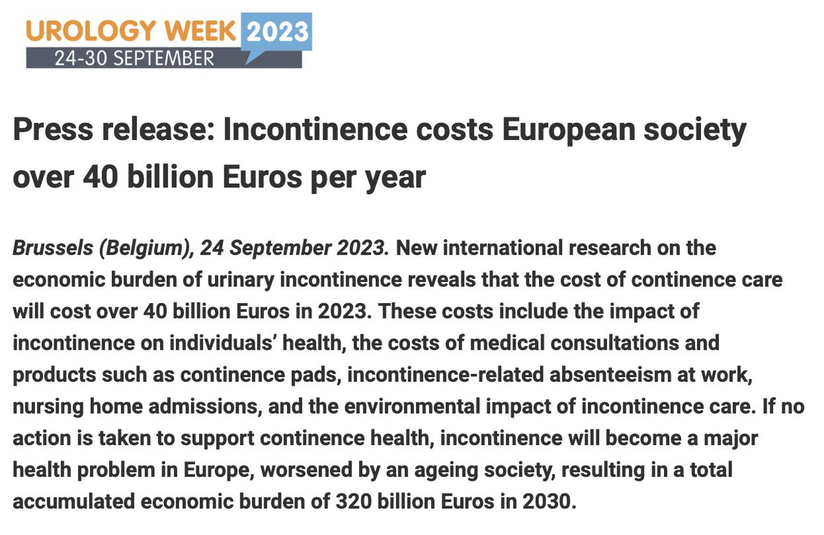 Lufolkus's tweet photo. La incontinencia urinaria es una enfermedad que sigue incrementándose. Actualmente lo padecen el 43% de la población Europea y supone un coste en 2023 de 43 billones de euros, siendo el mayor coste el uso de pañales. Es importante saber diagnosticarla y tratarla #incontinence https://t.co/reF1iVuW8O