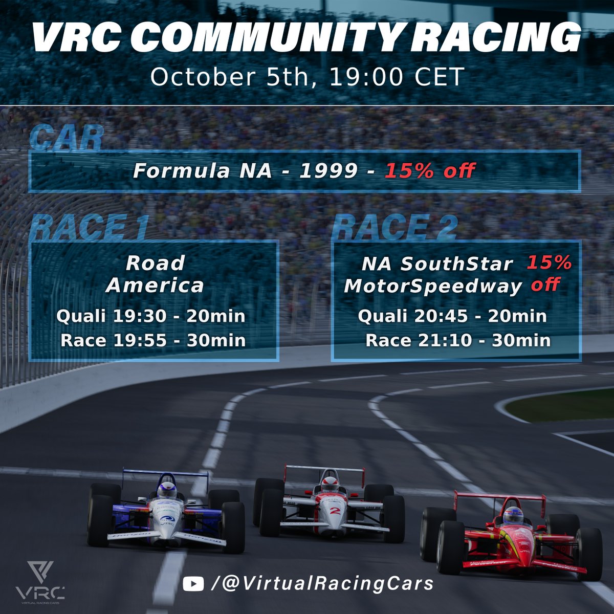 VRC_ModdingTeam's tweet photo. Community Racing returns! Starting October 5th every two weeks, Thursday evenings, we will hit the track together. Live on YouTube. We're kicking it off with a VRC Classic: The Formula NA 1999. Join our discord to join the action:  https://t.co/C5oHuBXVyA #AssettoCorsa https://t.co/maTcmEOrsz