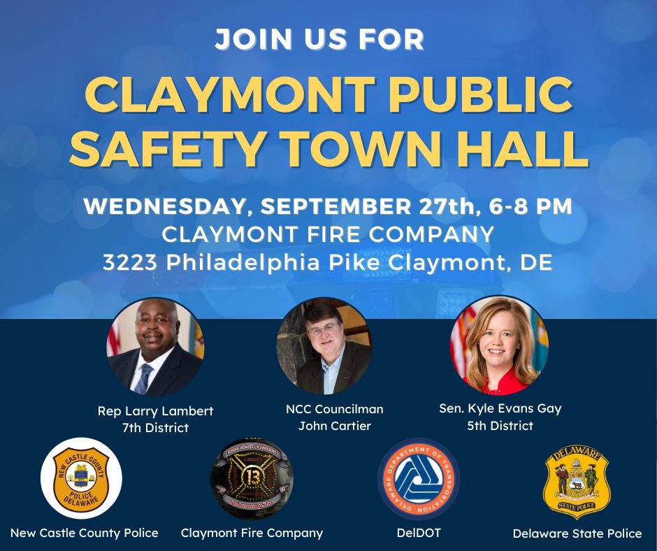 Rd7Social's tweet photo. Join Rep. Larry Lambert, CM Cartier, Sen. Kyle Evans Gay, reps from the NCC Police, Claymont Fire Company, DE State Police, and DE Dept of Transportation (DelDOT) for a discussion on #publicsafety. Join us Wed. 9/27, from 6-8 p.m. at the Claymont Fire Hall. See you there! https://t.co/zAADsQh13s