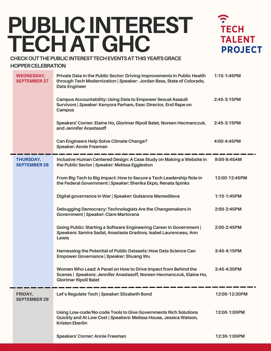 TechTalentProj's tweet image. Check out the public interest tech events at this year&apos;s Grace Hopper Celebration. #GHC23 #PublicInterestTech