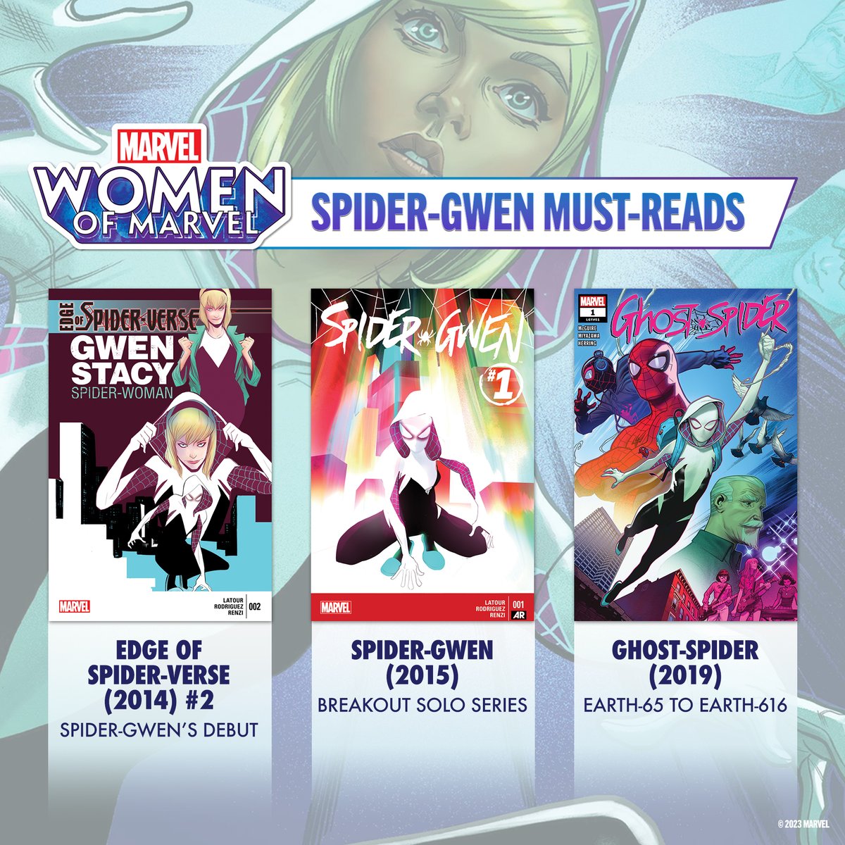 Gwen Stacy swings through her double life as Spider-Gwen! Catch a few of the hero's must-read #MarvelComics on the @MarvelUnlimited app and then travel to Earth-65 and learn all about Ghost-Spider on the latest #WomenOfMarvel podcast episode: marvel.com/womenofmarvel 🎧